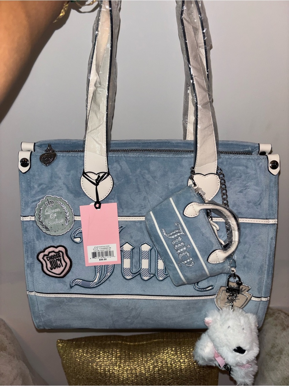 Juicy Couture Light Blue Suede Tote with White Trim and Charm